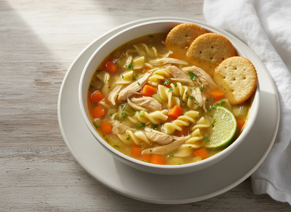 Sopa de pollo con fideos y galletas saladas photo