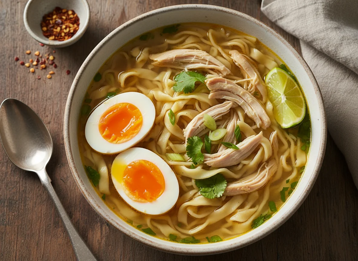 Sopa de pollo con fideos y huevo photo