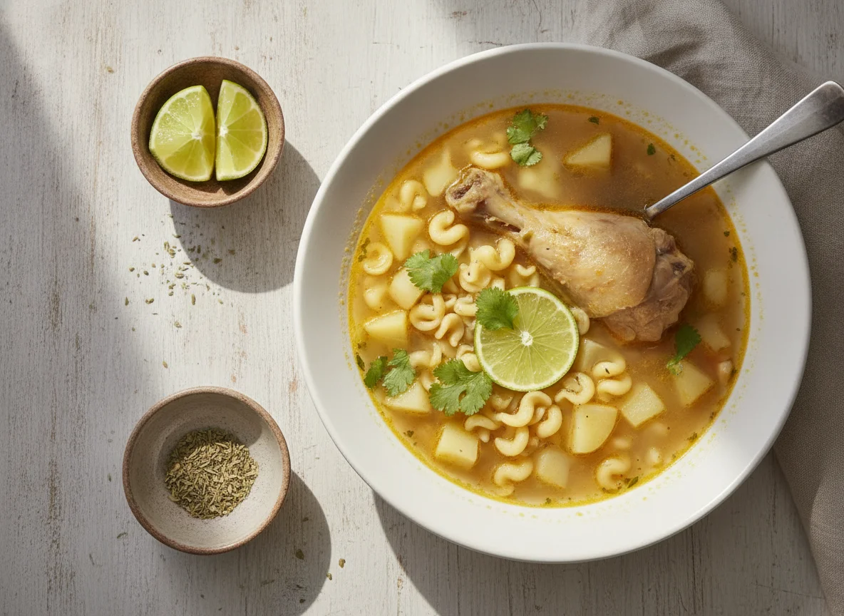 Sopa de pollo con fideos y papa photo