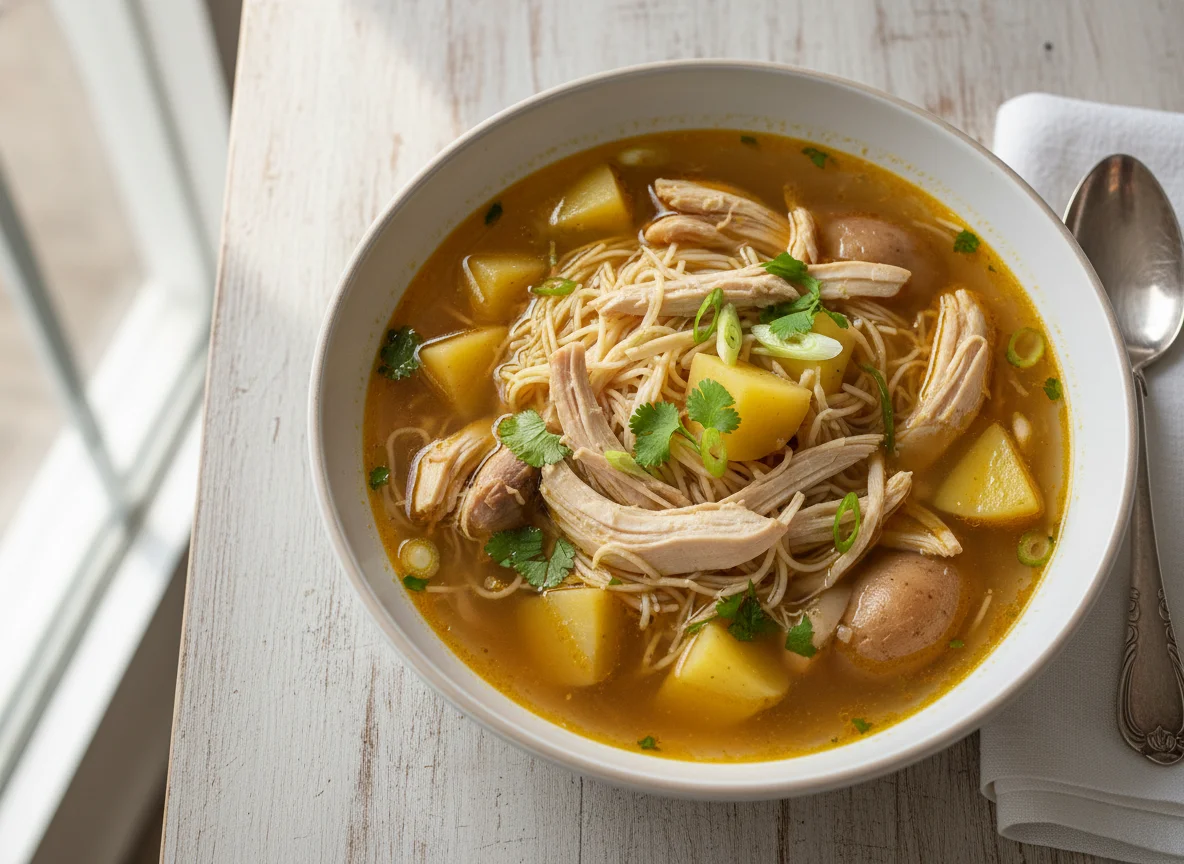 Sopa de pollo con fideos y papas photo