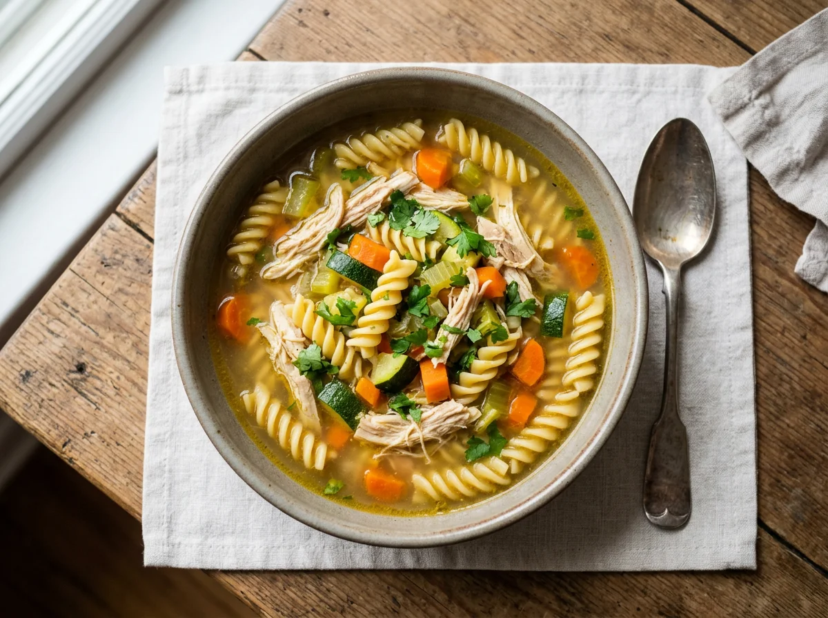 Sopa de pollo con fideos y verduras photo