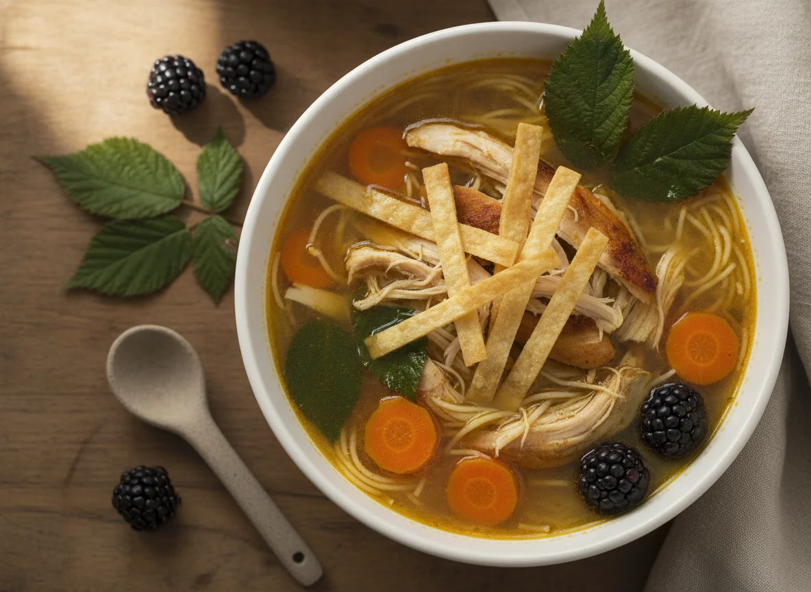 Sopa de pollo con mora y tortilla photo