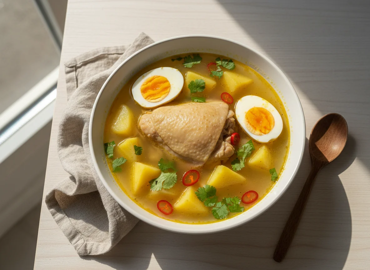 Sopa de pollo con papas y huevos duros photo