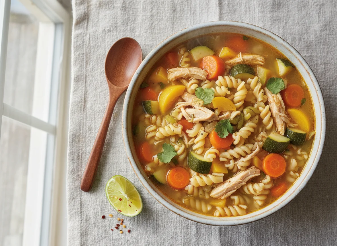 Sopa de pollo con pasta y verduras photo