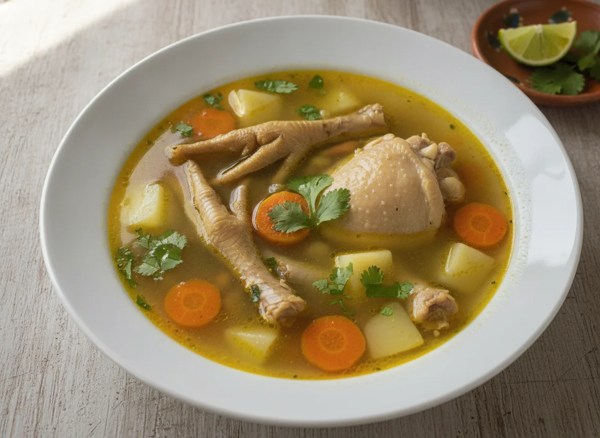 Sopa de pollo con patas de pollo photo
