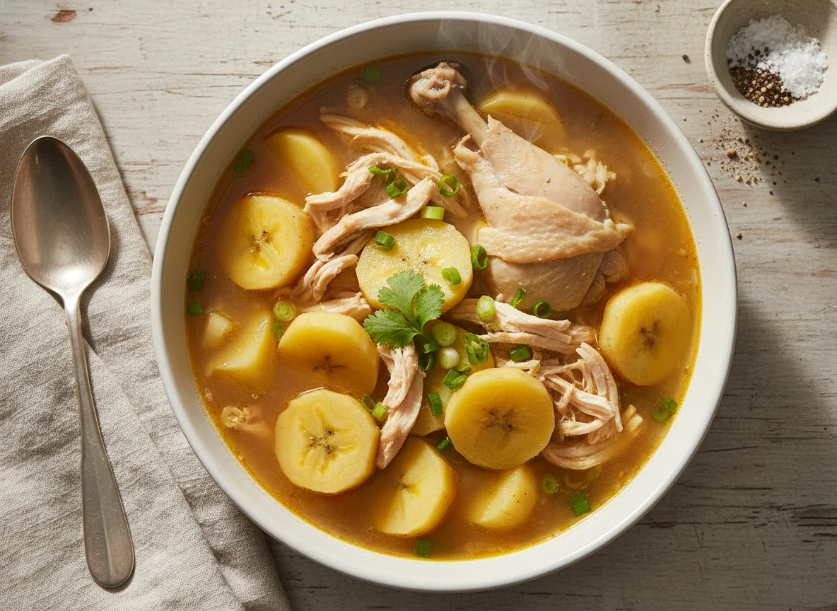 Sopa de pollo con patatas y plátano photo