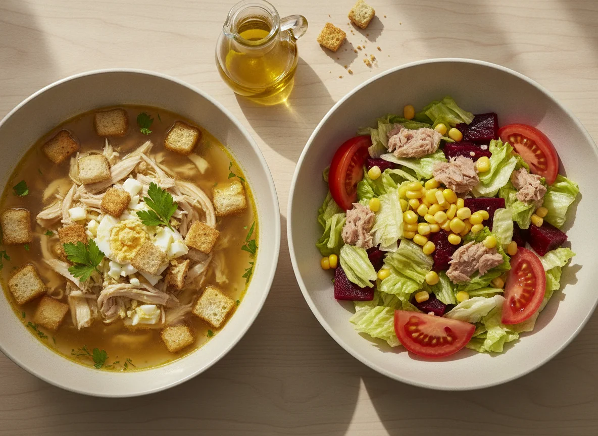 Sopa de pollo con picatostes y ensalada mixta photo