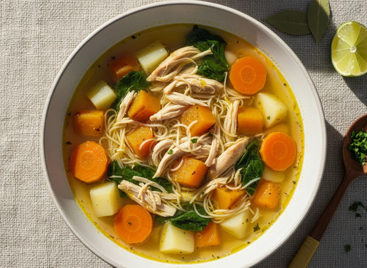 Sopa de pollo con verduras y fideos photo
