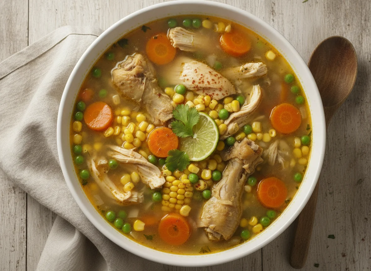Sopa de pollo con verduras y maíz photo
