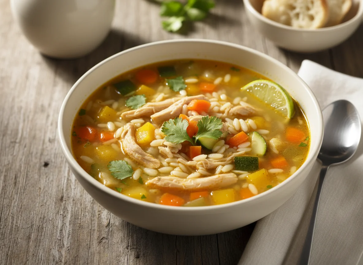 Sopa de pollo con verduras y pasta photo