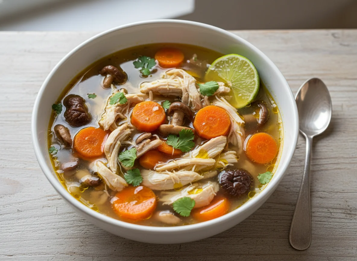 Sopa de pollo con verduras y setas photo