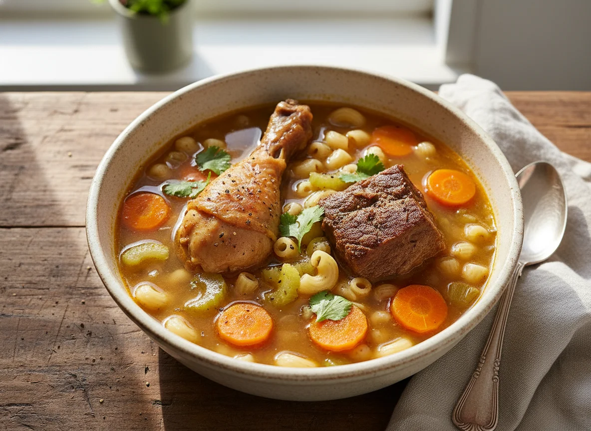 Sopa de pollo y carne con pasta photo