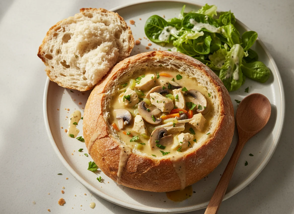 Sopa de pollo y champiñones en pan photo