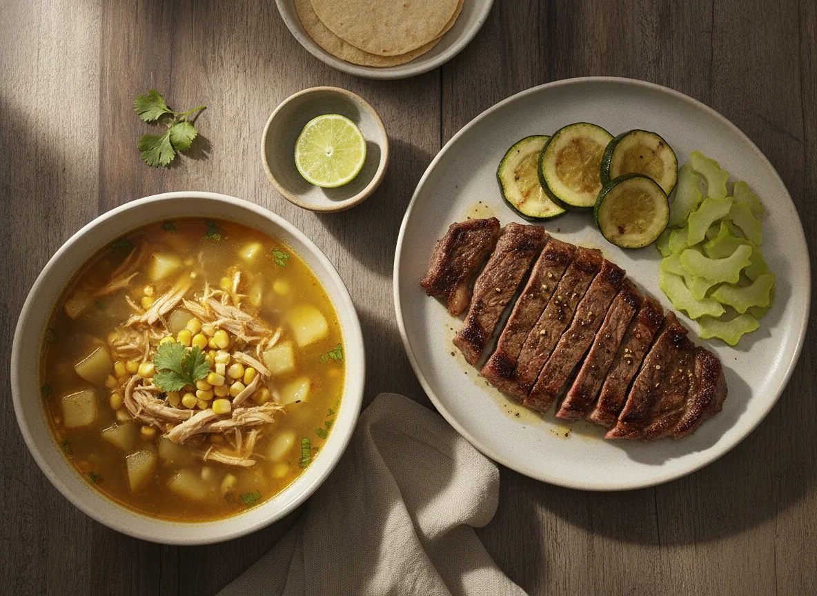 Sopa de pollo y plato de carne con vegetales photo