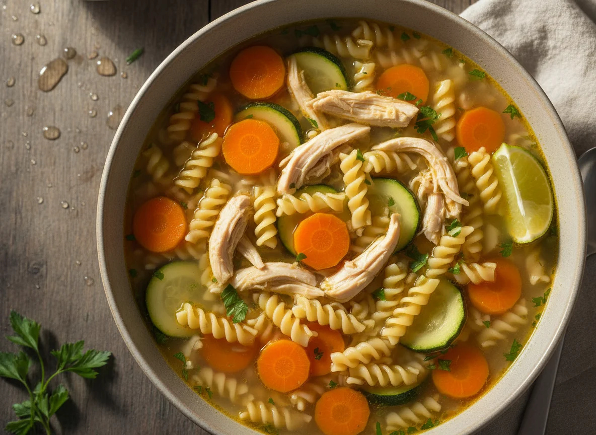 Sopa de pollo y verduras con pasta photo