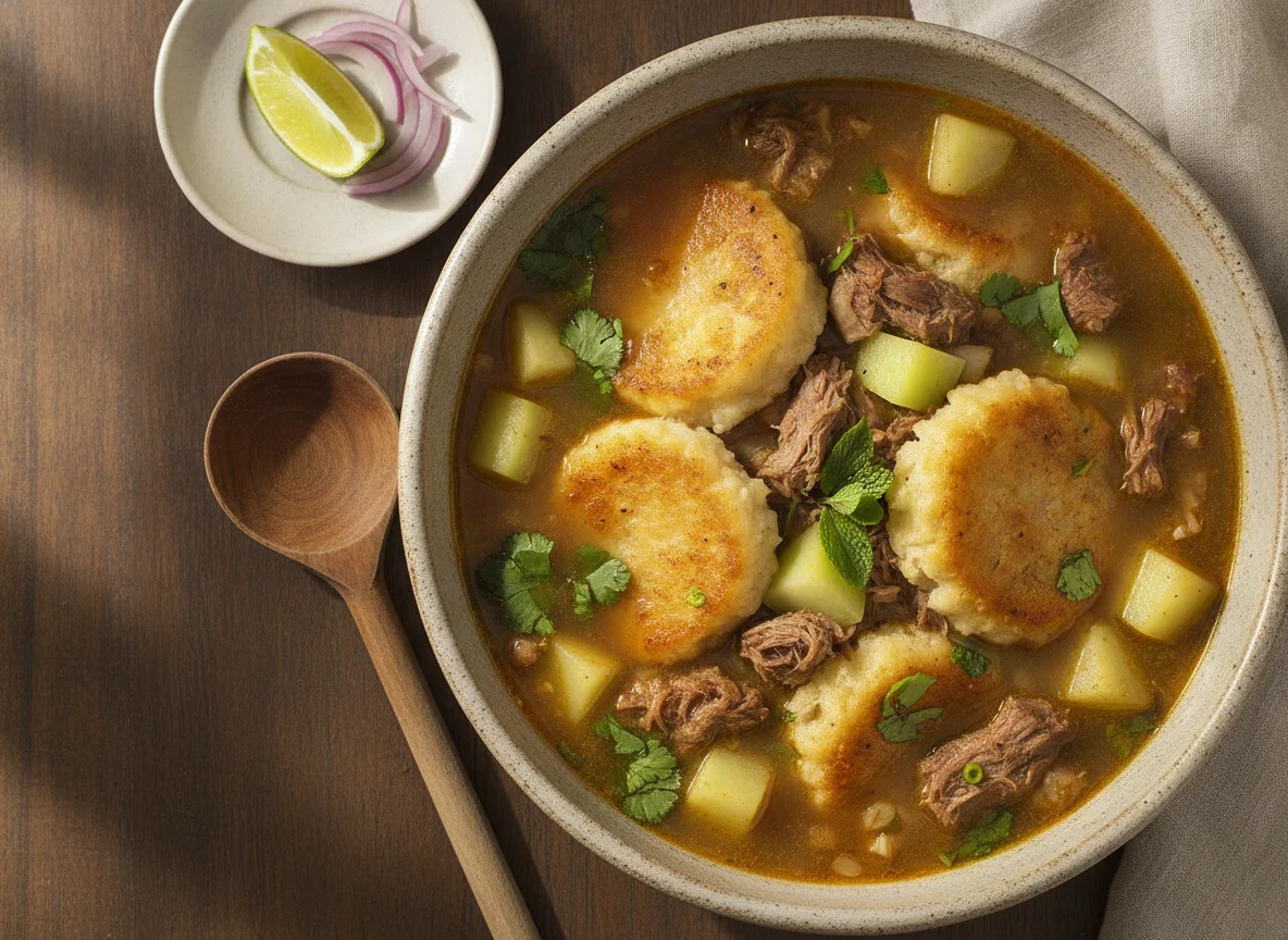 Sopa de res con pupusa de arroz photo