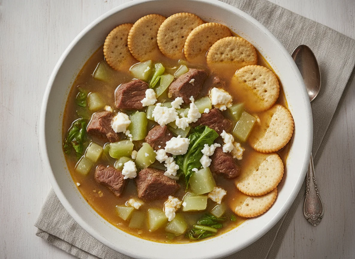 Sopa de res con verduras, queso fresco y galletas photo