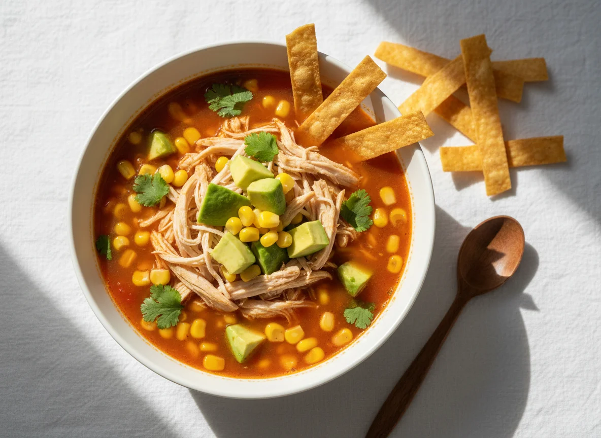 Sopa de tortilla con pollo y aguacate photo