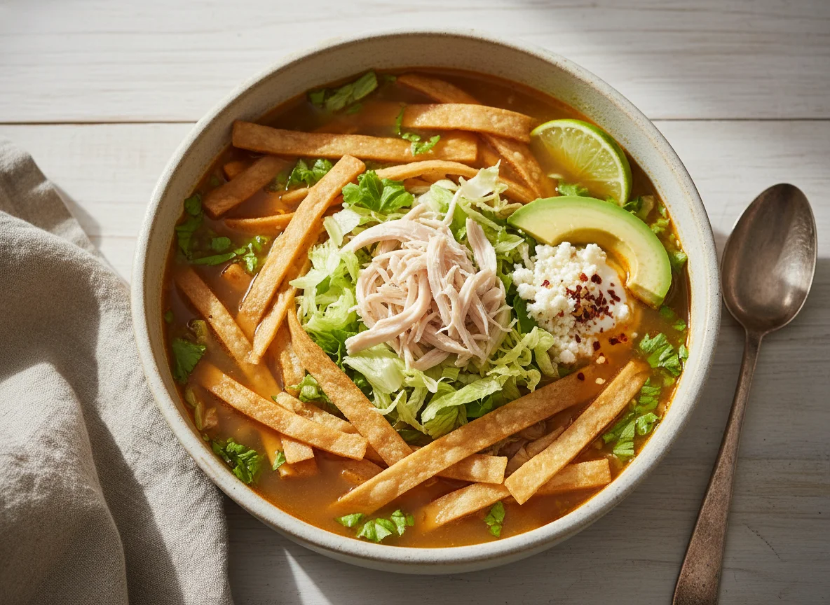 Sopa de tortilla con pollo y lechuga photo