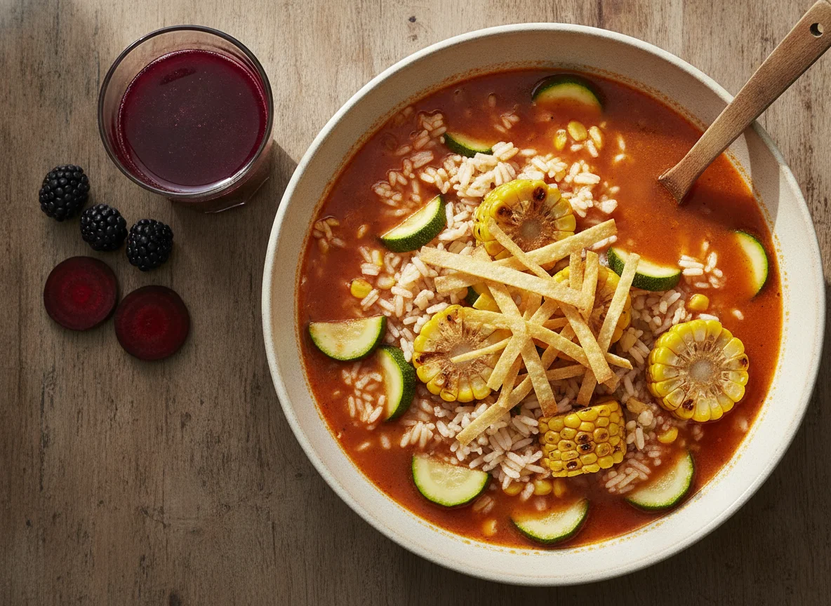 Sopa de verduras con arroz y tortilla photo