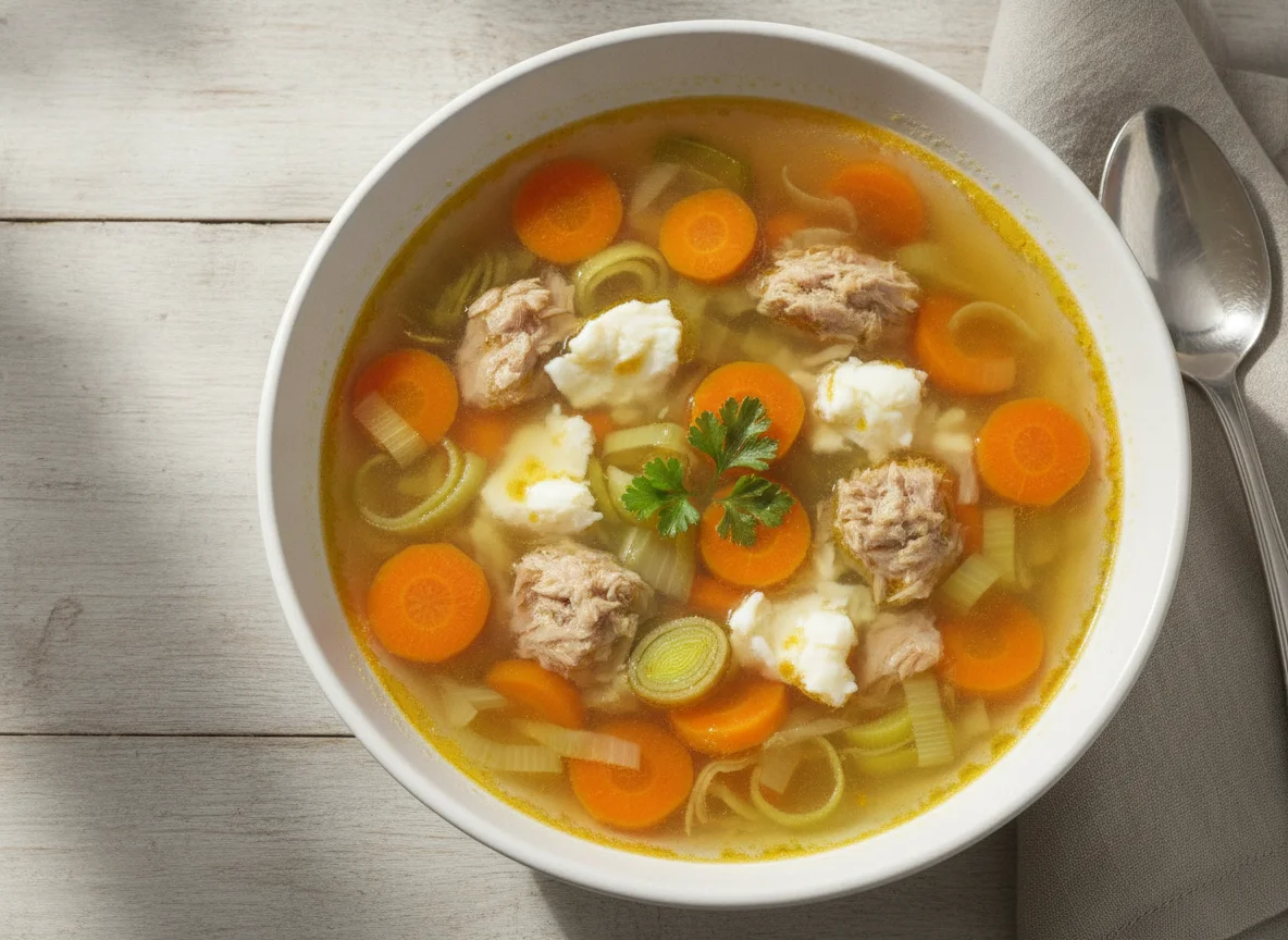 Sopa de verduras con atún y clara de huevo photo