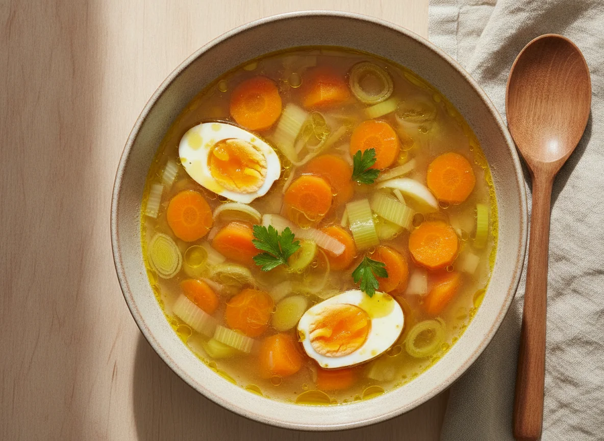 Sopa de verduras con huevo duro photo
