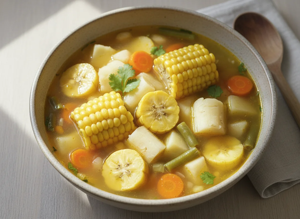 Sopa de verduras con maíz y plátano photo