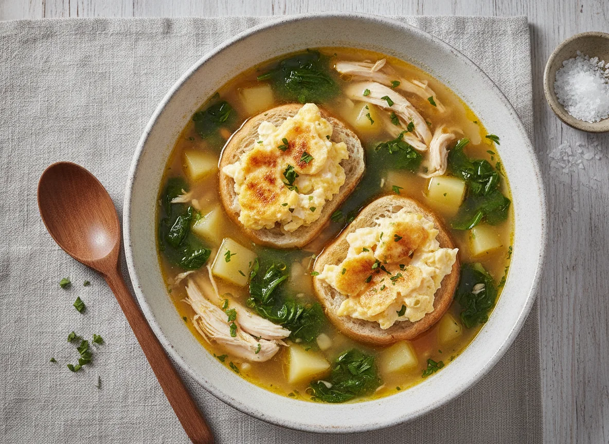 Sopa de verduras con pollo y pan con huevo photo