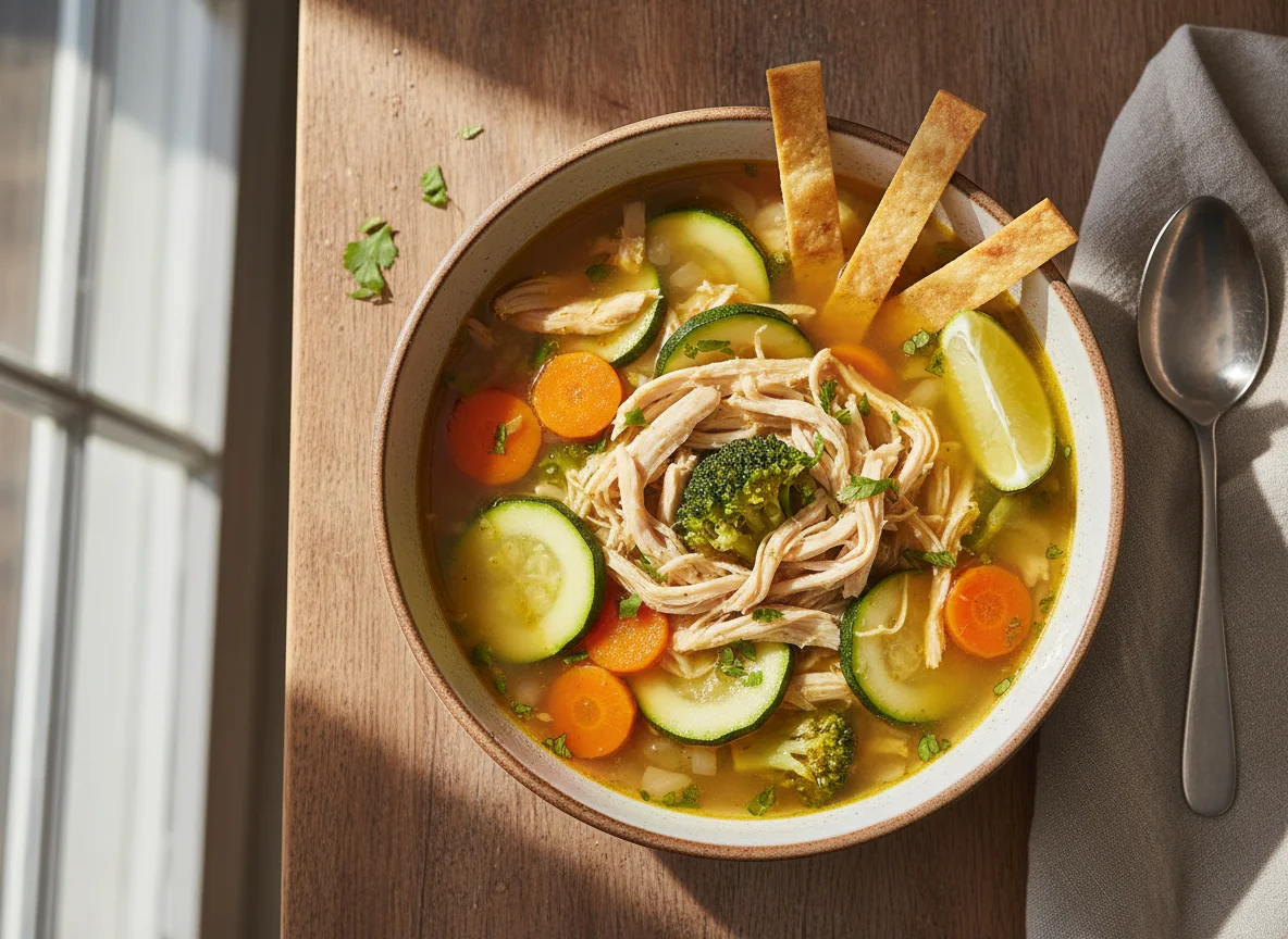 Sopa de verduras con pollo y tortillas photo
