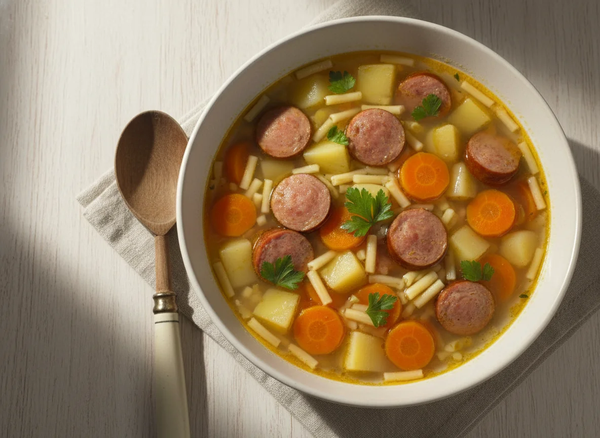 Sopa de verduras con salchichas y pasta photo