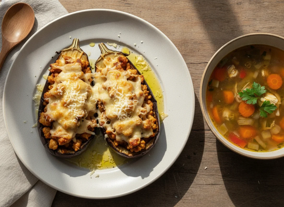 Sopa de verduras y berenjena rellena photo