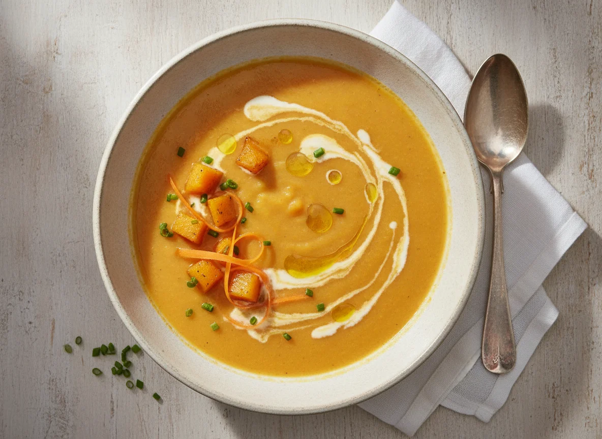Sopa de zapallo con zanahoria y crema photo