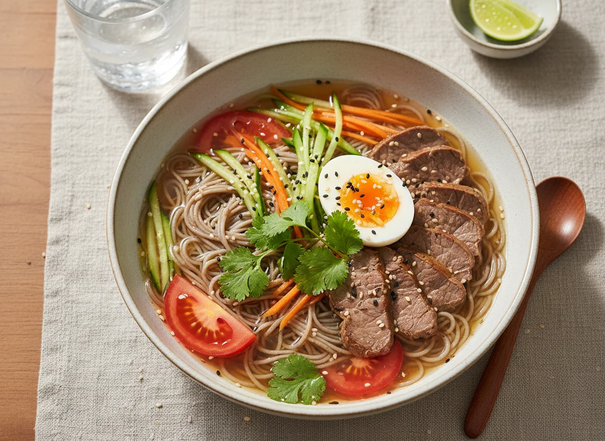 Sopa fría de fideos con carne y huevo photo