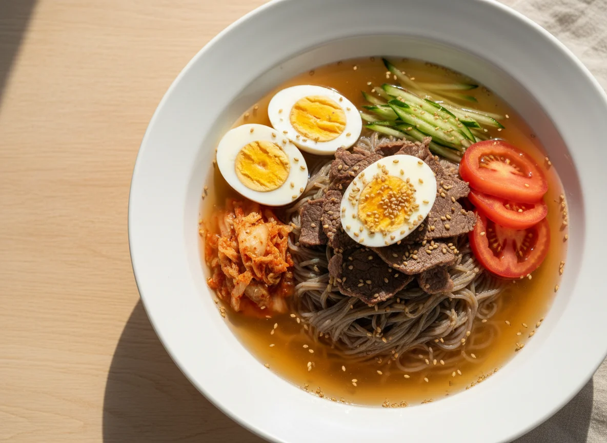 Sopa fría de fideos con ternera y huevo photo