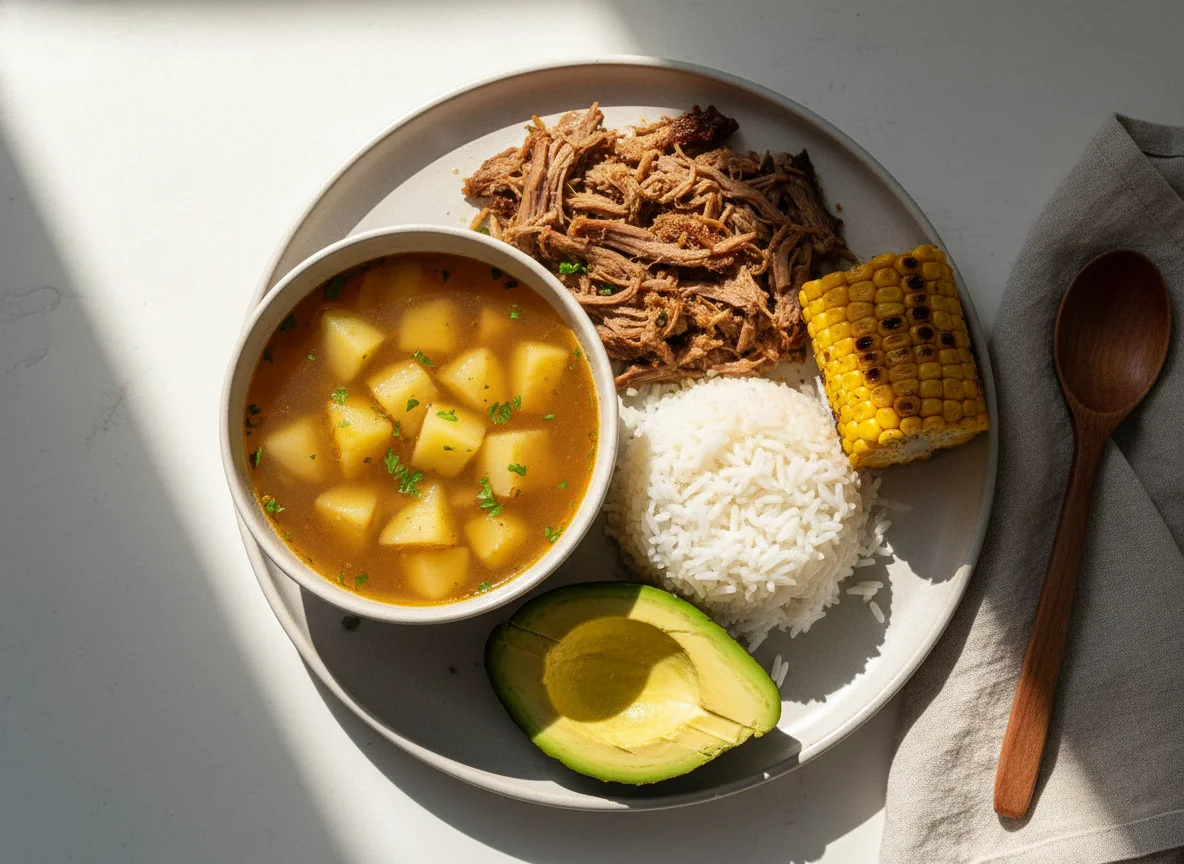 Sopa y plato principal con carne, arroz, aguacate y maíz photo