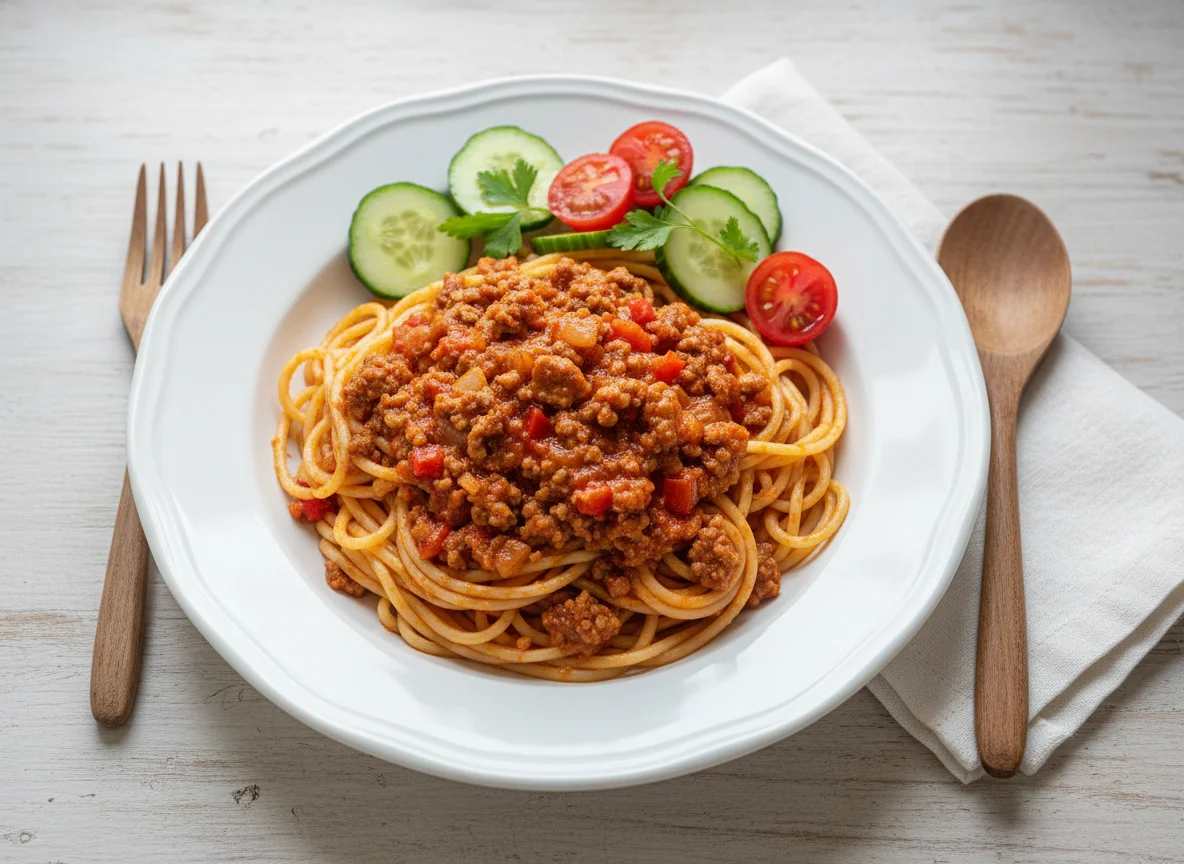 Spaghetti a la boloñesa con ensalada photo