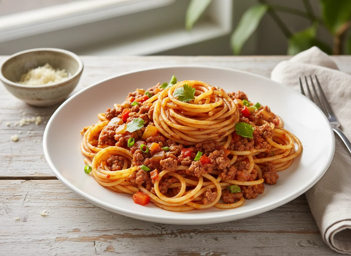 Spaghetti con salsa de carne photo