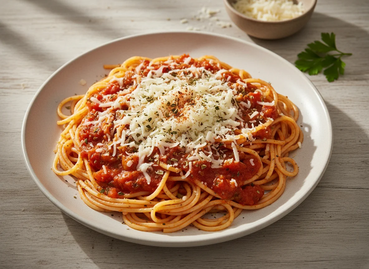 Spaghetti con Salsa de Tomate y Queso photo
