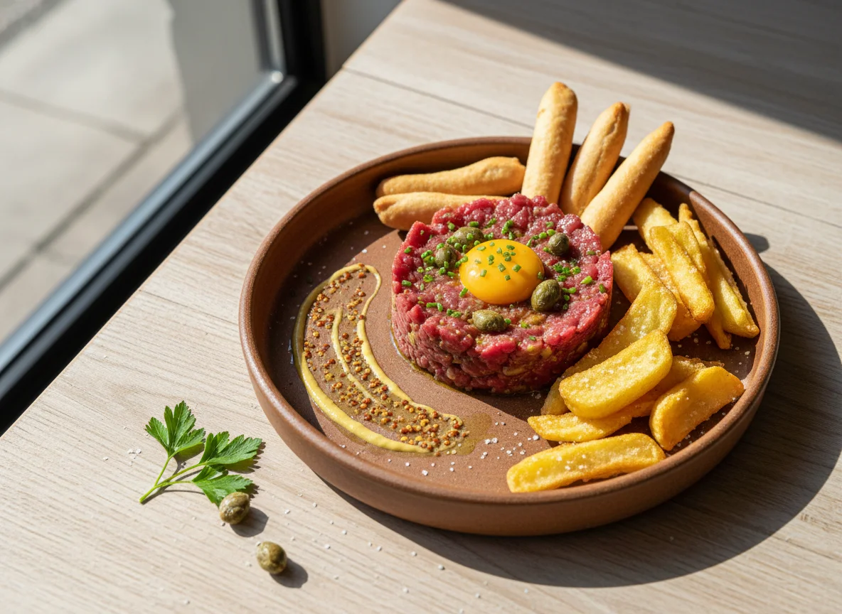 Steak Tartar con patatas fritas y picos photo