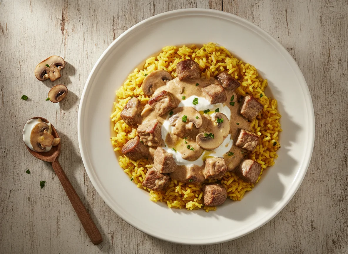 Strogonoff de carne con arroz amarillo photo