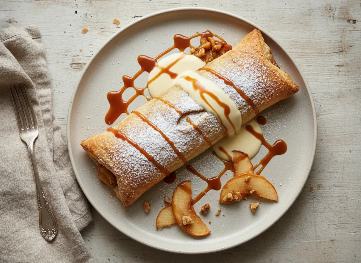 Strudel de manzana con crema y caramelo photo