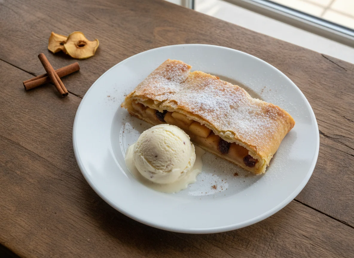 Strudel de manzana con helado de vainilla photo