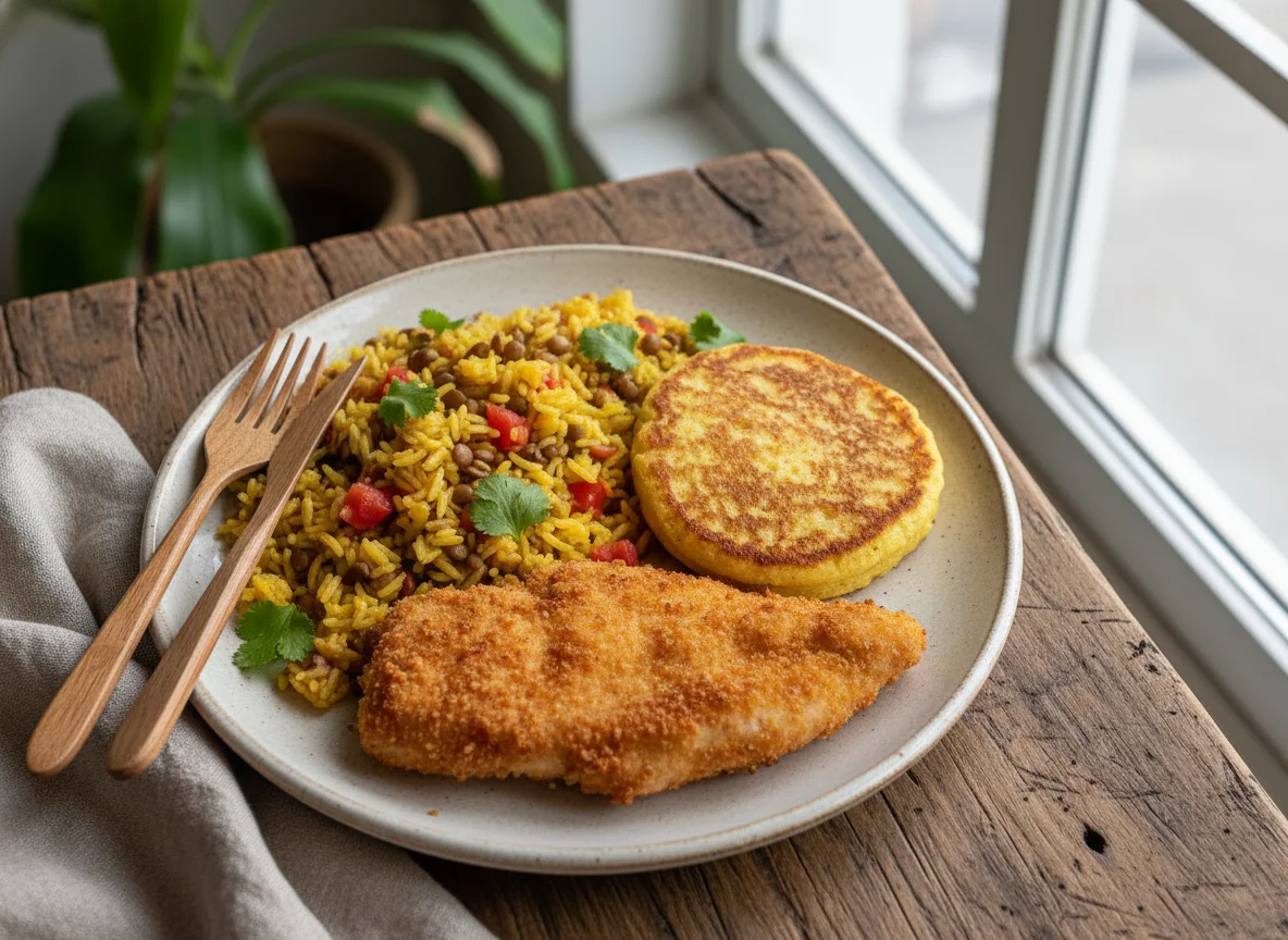 Suprema de pollo rebozada con arroz y lentejas, y panqueque de harina de maíz photo