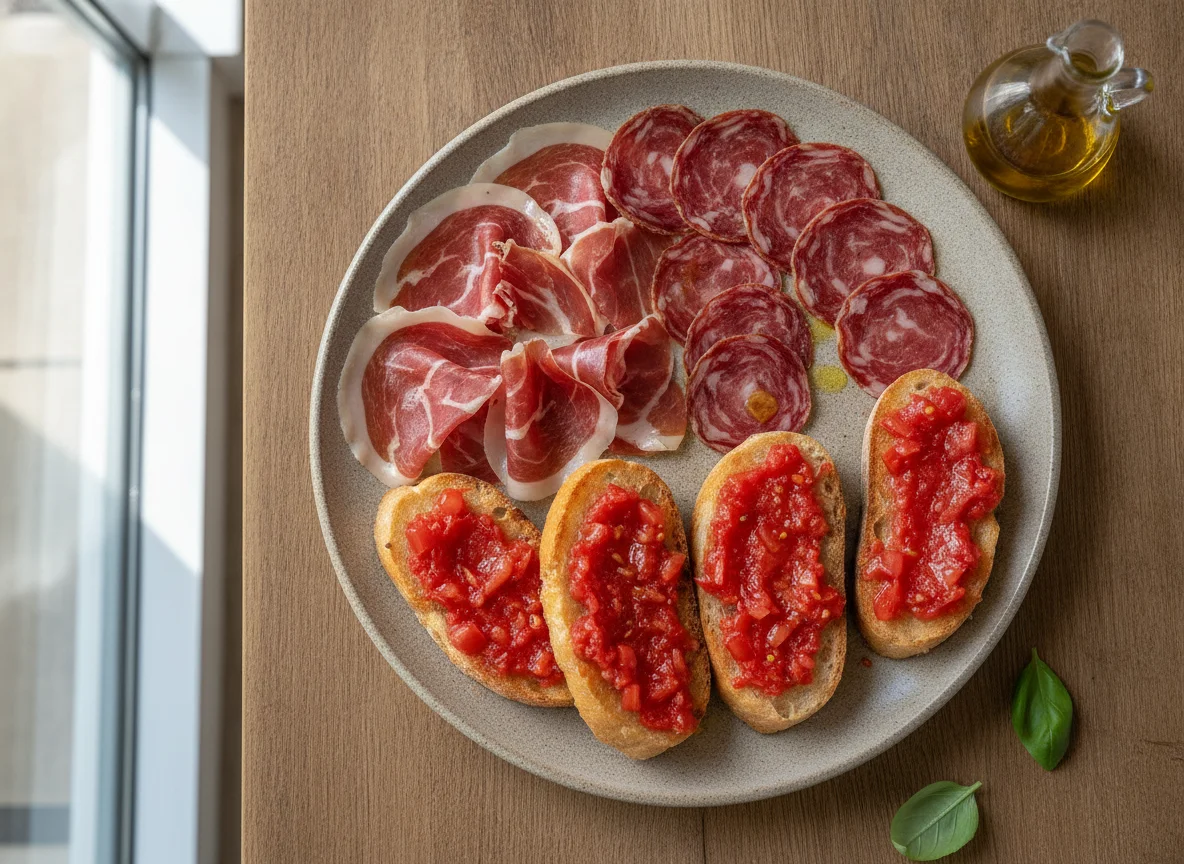 Surtido de embutidos ibéricos con pan con tomate photo