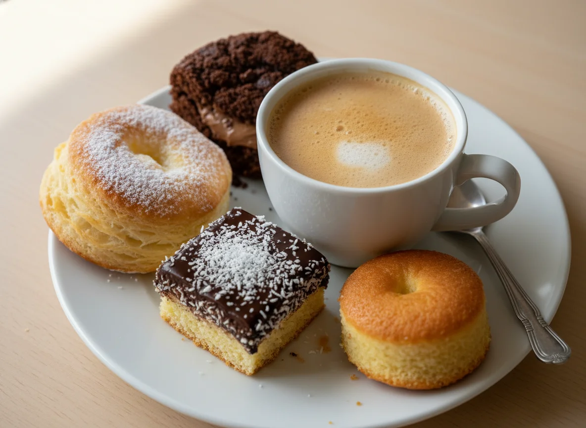 Surtido de pasteles y café con leche photo