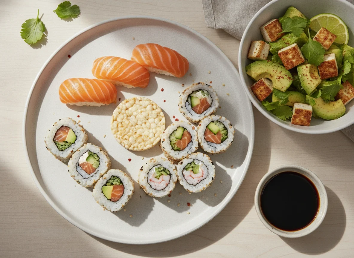 Surtido de sushi y ensalada de aguacate con tofu photo