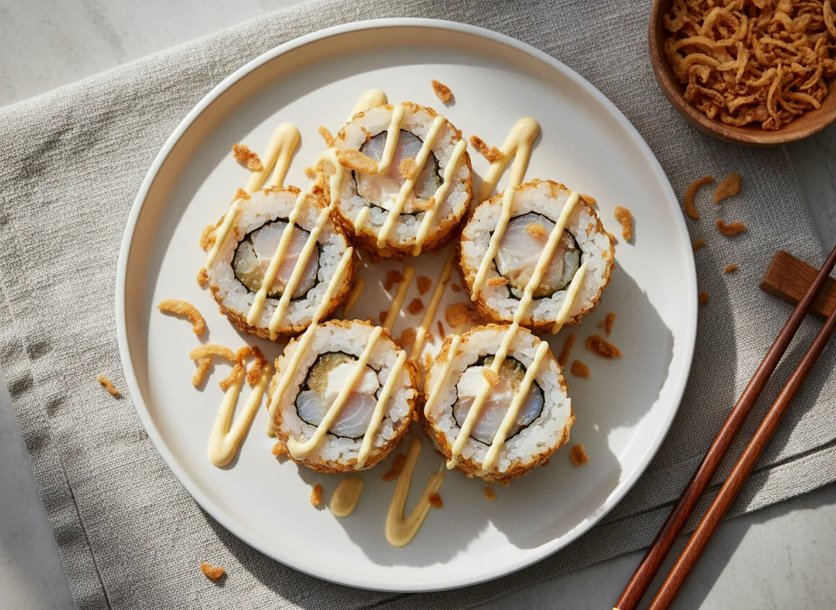 Sushi con cebolla frita crujiente photo