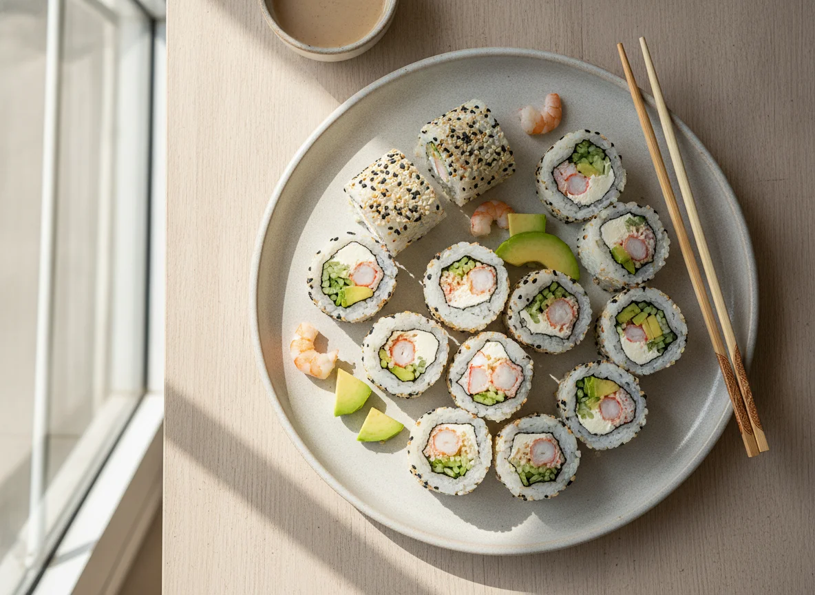 Sushi de surimi y camarón con aguacate photo