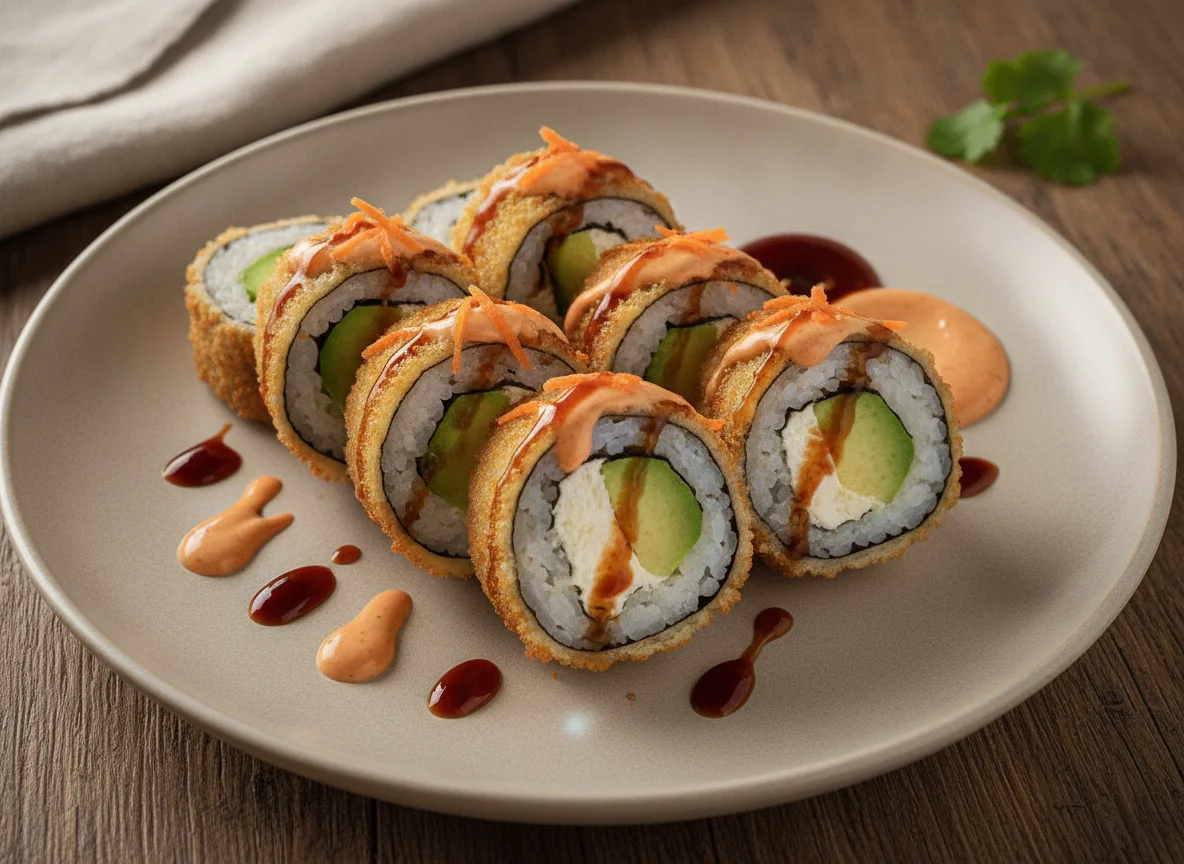 Sushi empanizado con aguacate y aderezos photo