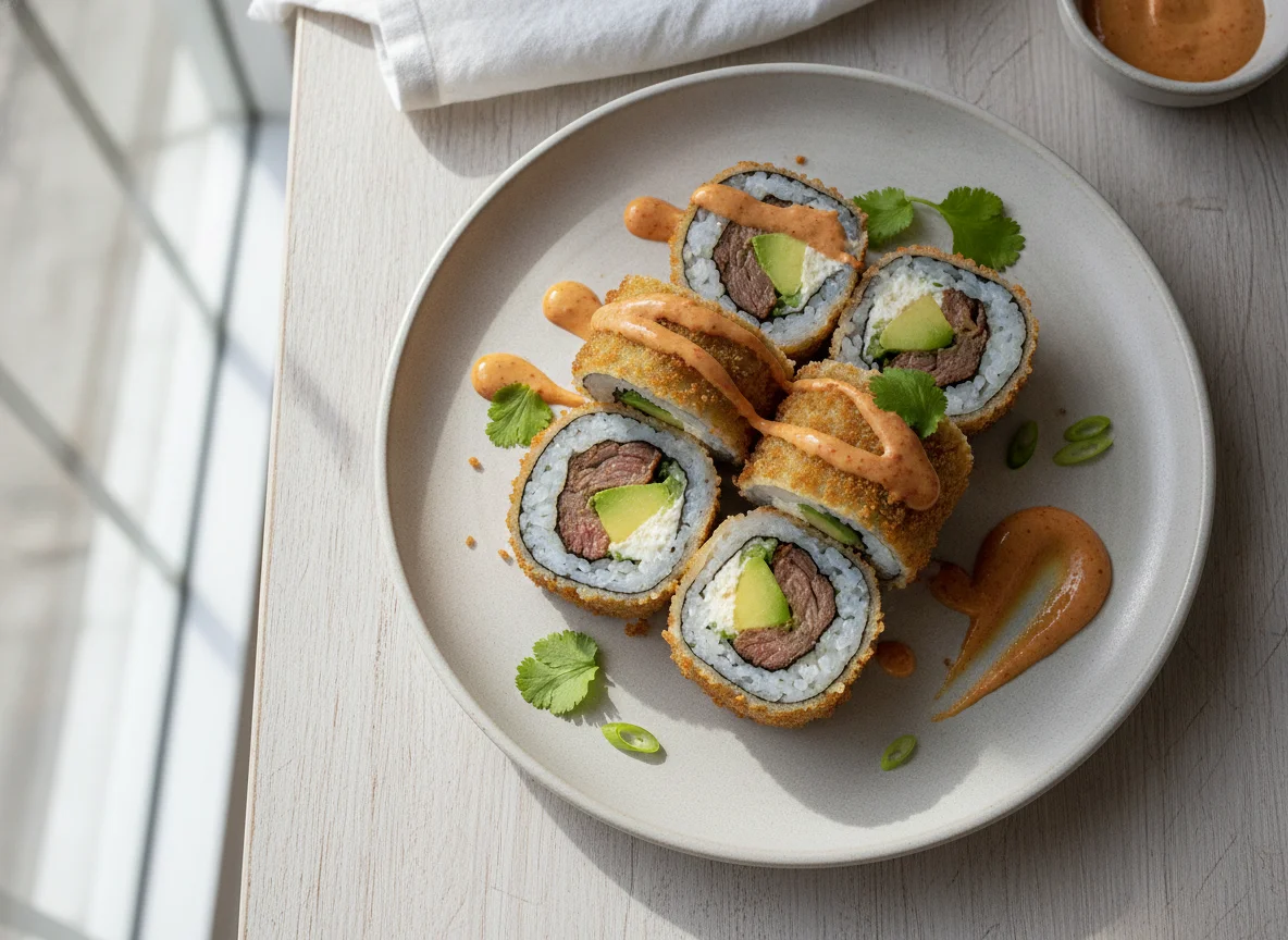 Sushi empanizado con carne y queso photo